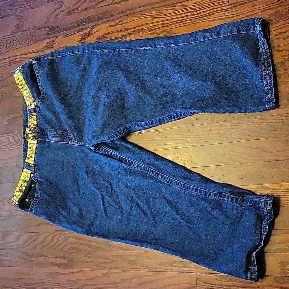 METROSTYLE 5 pocket cropped blue jeans sewn on gold sequin belt cotton 18 EUC…